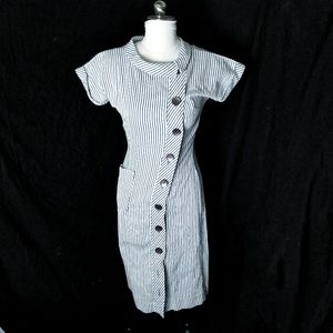 Vintage 50s/60s Asymmetric Blue and White Pinstripe Wiggle Dress